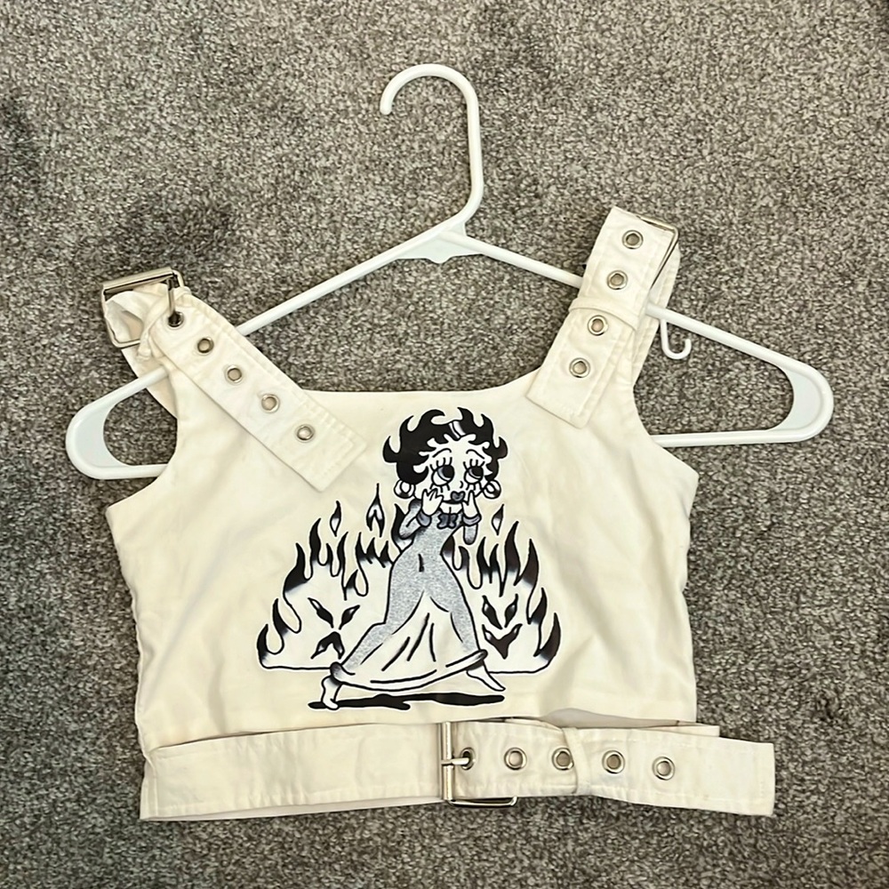 Black and White shirt, Betty Boop, Cropped Top, Y2K, Silver Buckle Straps, Small